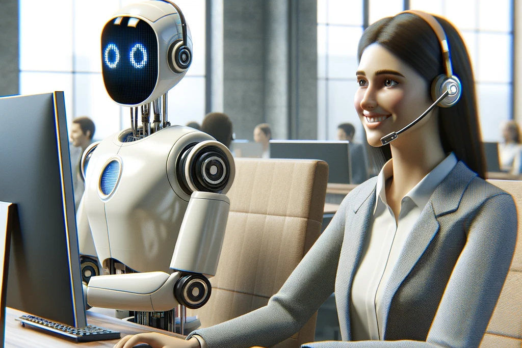 Customer service woman working side by side next to a robot in the office