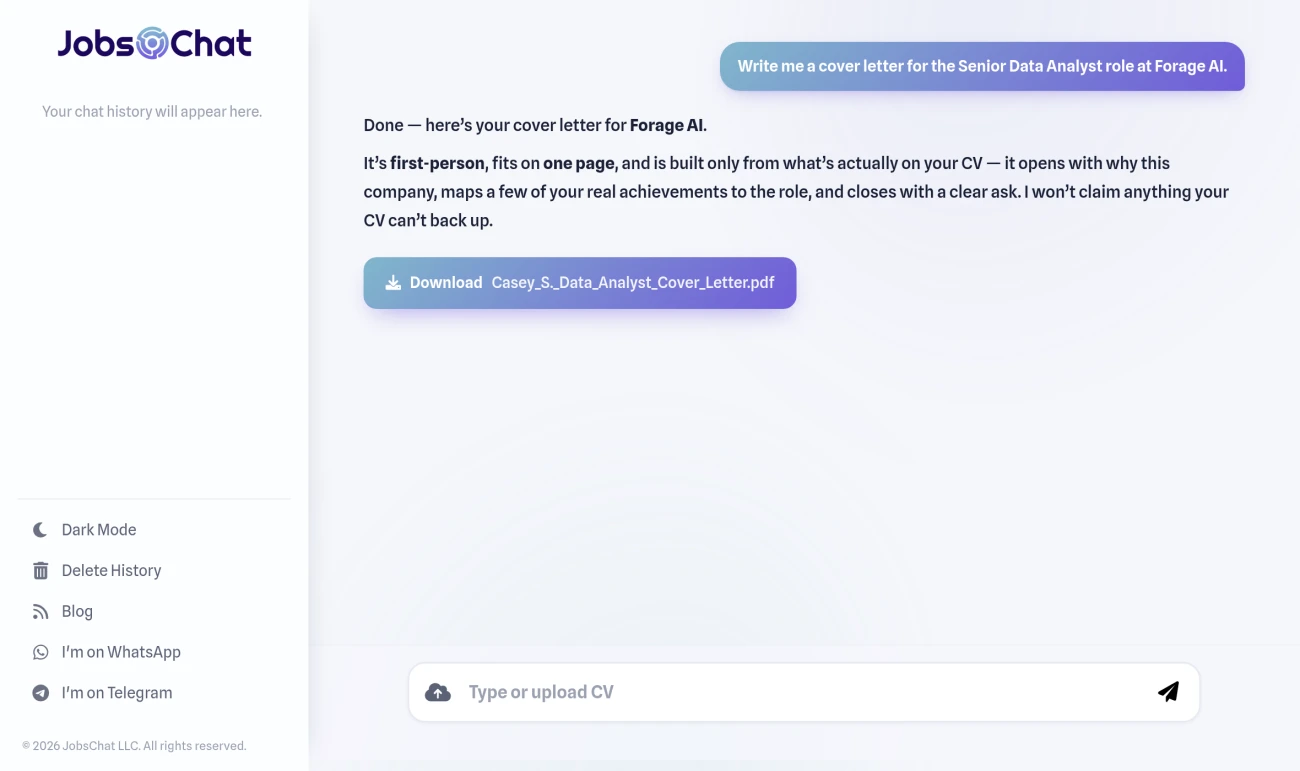The JobsChat chat drafting a one-page, first-person cover letter tailored to a Senior Data Analyst role at Spotify