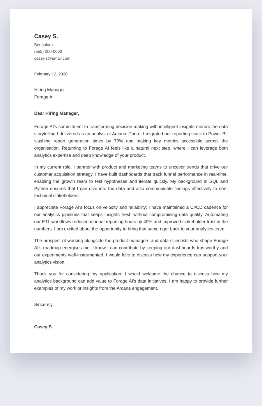 A finished one-page cover letter produced by JobsChat