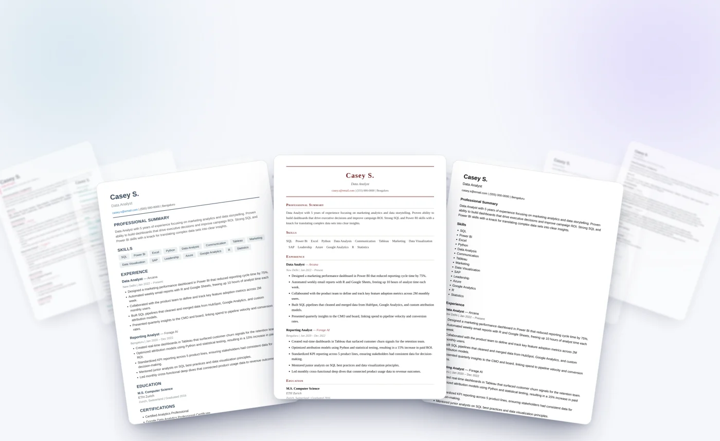 A fan of twelve real JobsChat resume designs across Modern, Classic and Minimal families