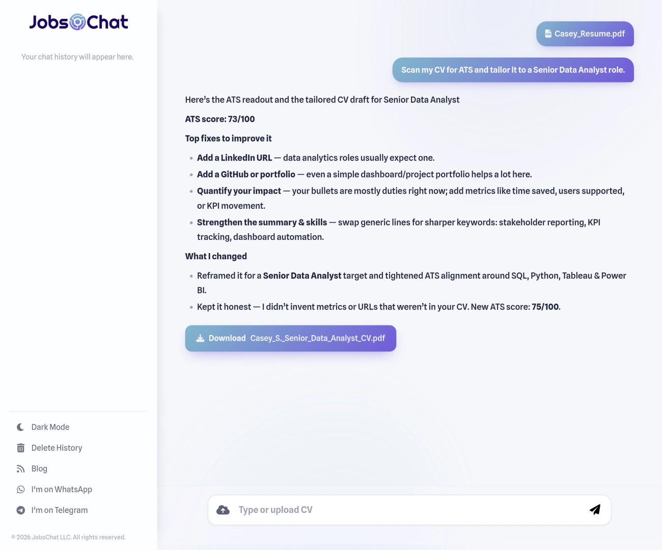 The scan and tailor flow in the JobsChat desktop chat