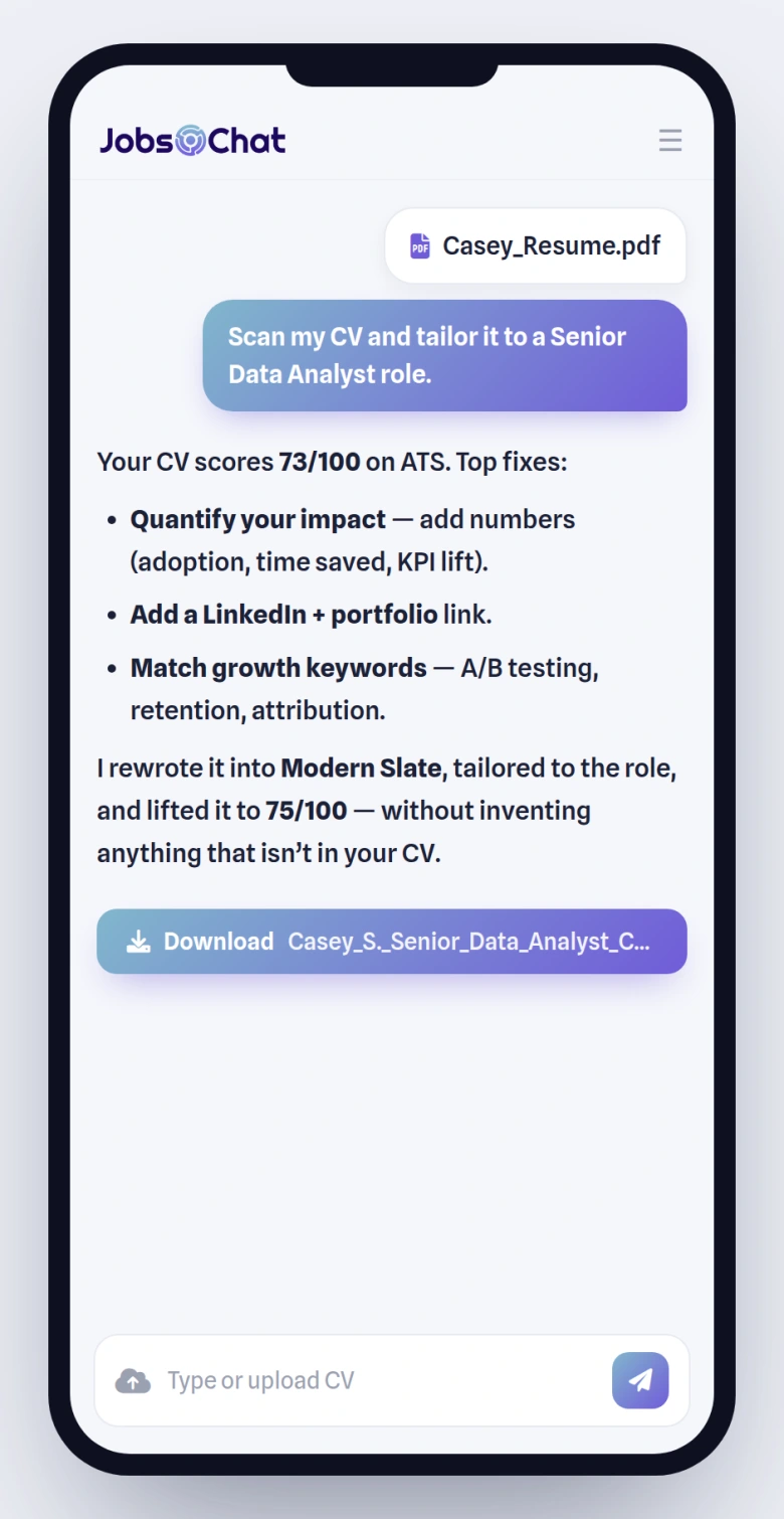 The scan and tailor flow in the JobsChat mobile chat