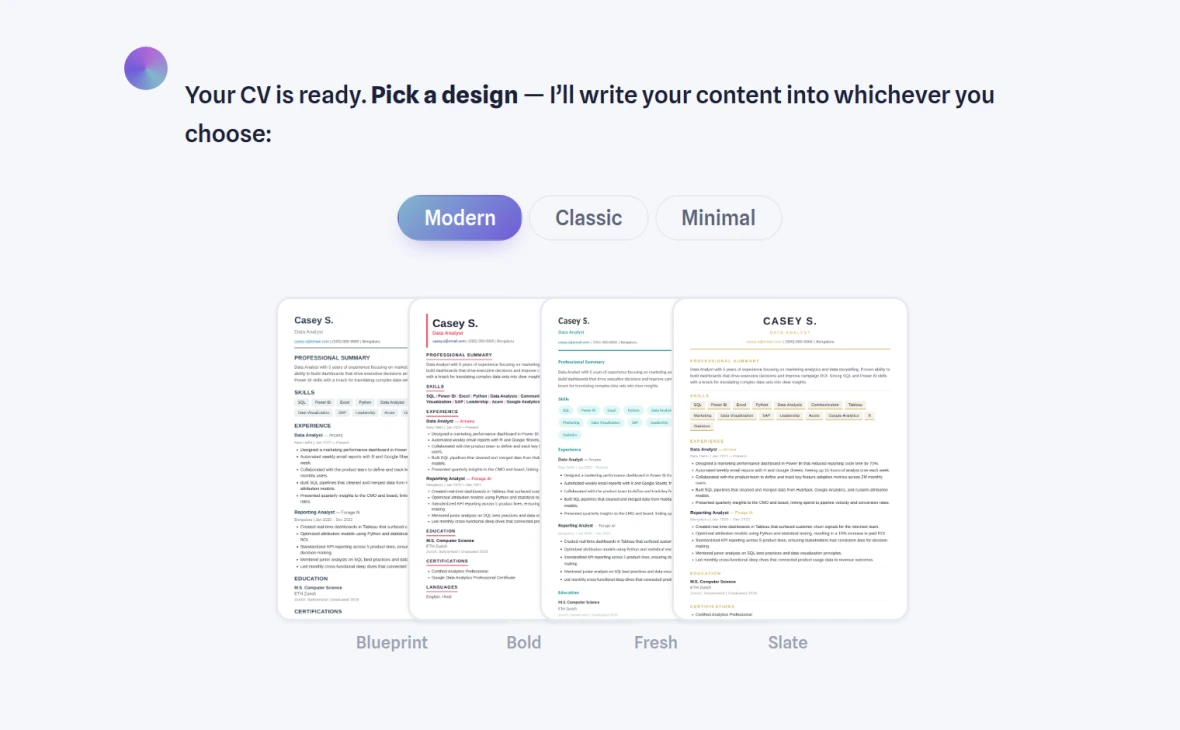 The CV style picker on desktop with the Modern tab active