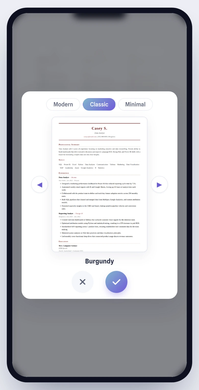 Tapping a design opens a full-screen preview on mobile