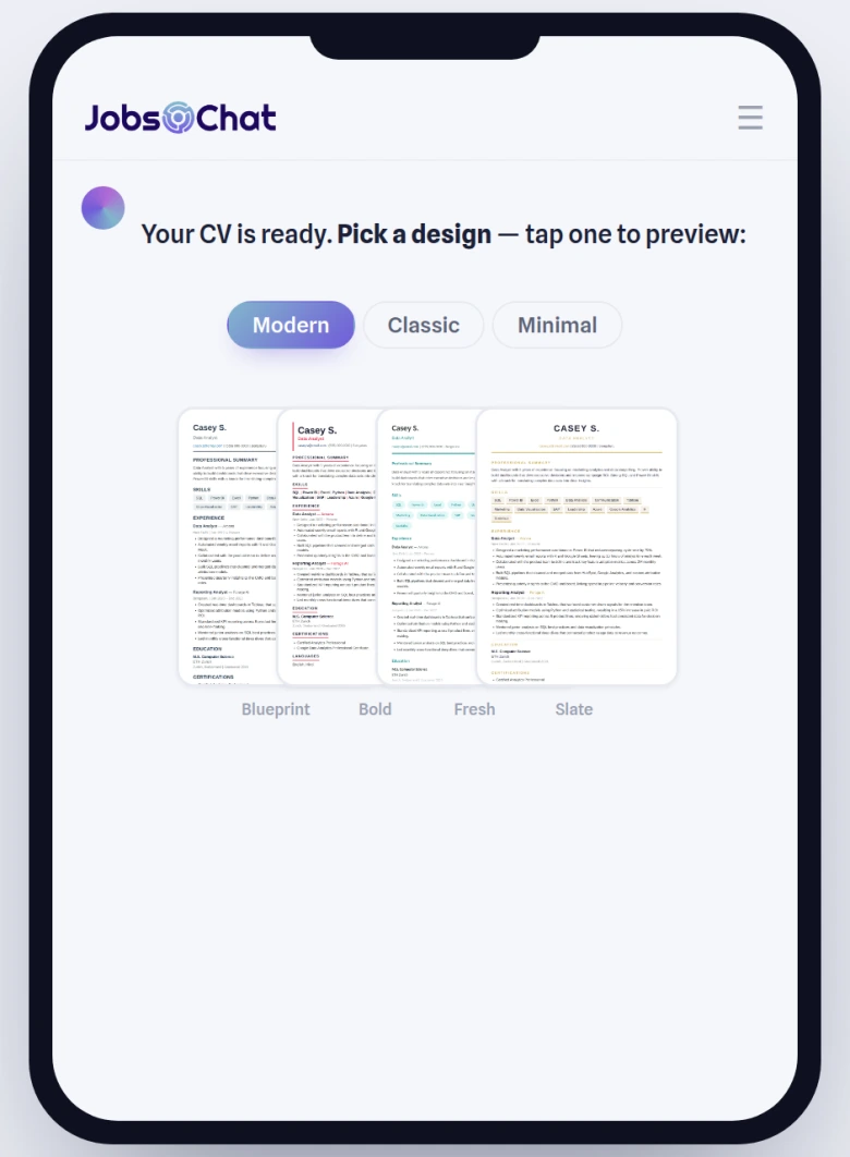The CV style picker on mobile