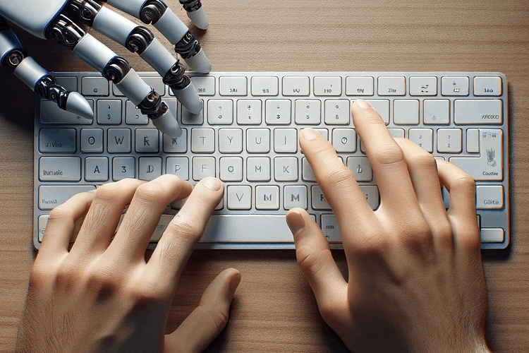 Robot hand helping human typing on keyboard