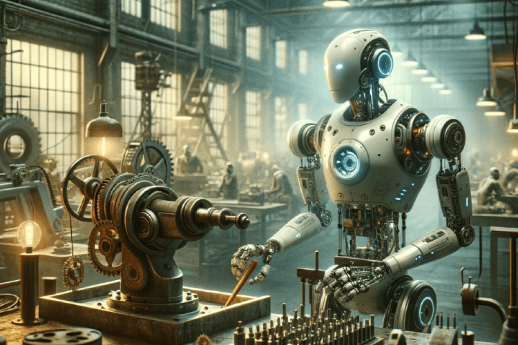Robot working in factory retro